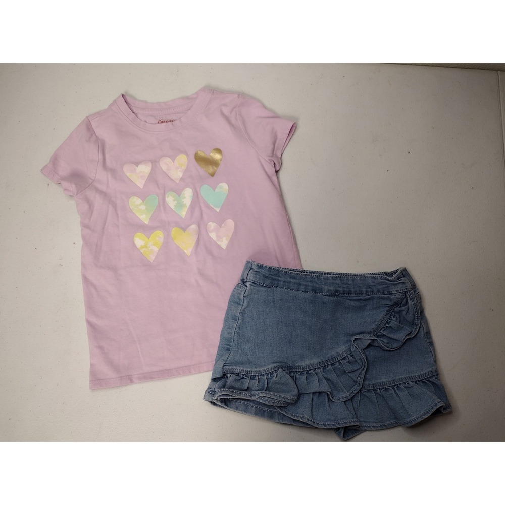 Cat & Jack Girls Lavender Heart Tee and  Denim Ruffle Skort Set Size 6
